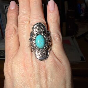 Boho Turquoise Stone Antique Vintage look Silver Adjustable